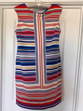 London Times Sleeveless Stripe Shift Dress in Red, Blue & Cream